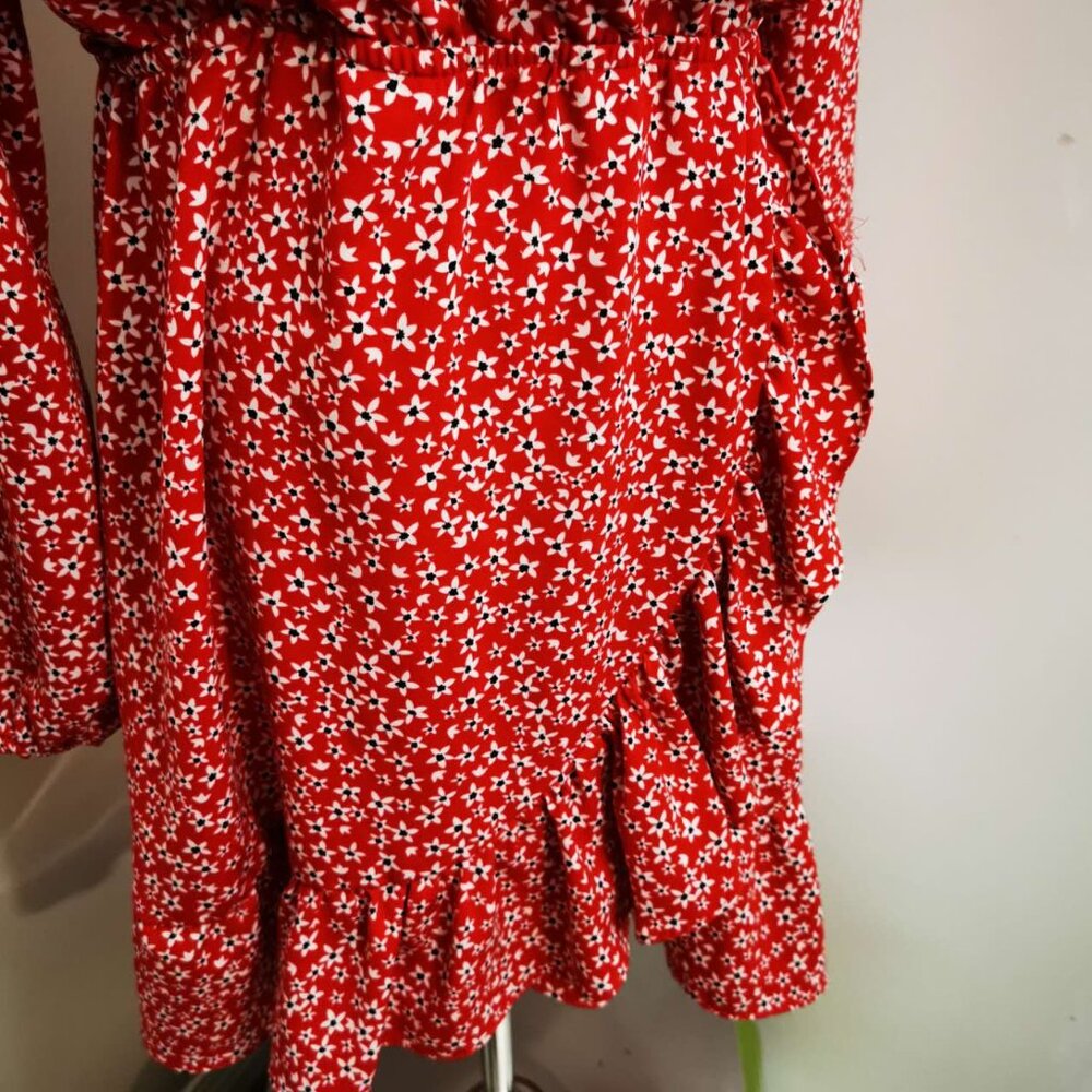 Dynamite Bright Red Floral Ruffle Wrap Long Sleeve Dress(M) - Picture 8 of 10